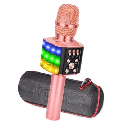 Bild av BONAOK Uppgraderad trådlös bluetooth mikrofon för karaoke med blinkande färgglada LED lampor, 4 i 1, bärbar karaokemaskin hemmafest, högtalare, iPhone/Android/PC (roséguld)