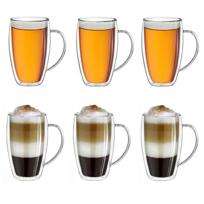 Bild av Creano dubbelväggigt termoglas med handtag 400 ml, stort dubbelväggsglas av borosilikatglas, kaffe/teglas, 6 x ml