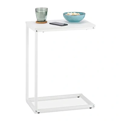 Bild av Relaxdays Sidobord i C form, HBT: 60 x 30 45 cm, fåtöljbord att variera, metall och träutseende, vit/brun