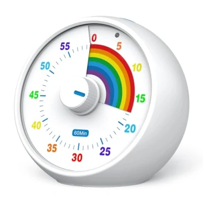 Bild av Visual Timer för barn, 60 minuters nedräkning klassrum kontor kök, skrivbordstimer barn tidshanteringsverktyg med tyst drift, Pomodoro regnbågsmönster vit