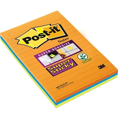 Bild av Post it Super Sticky Notes, Boost Färgsamling, fodrad, 101 mm x 152 mm, 45 ark/dyna, 3 dynor självhäftande anteckningar för anteckningar, att göra listor och påminnelser