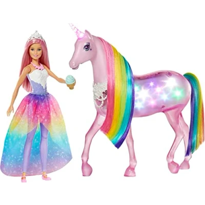 Bild av Barbie GWM78 Dreamtopia magisk trollerilampa enhörning med beröringsfunktion, ljus och ljud, docka leksak docktillbehör från 3 år