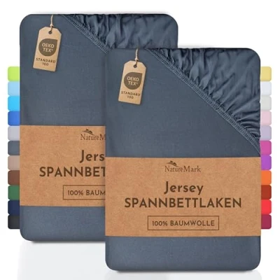Bild av NatureMark 2 pack dra på lakan i jersey, formsydda lakan, 100% bomull, finns många storlekar och färger. Märkeskvalitet Oeko Tex Standard 100 180 x 200 cm antracitgrå