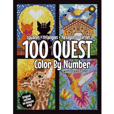 Bild av 100 quest color By Number: Squares + Triangles Hexagons Circles (BLACK backgrounds): activity book for adults