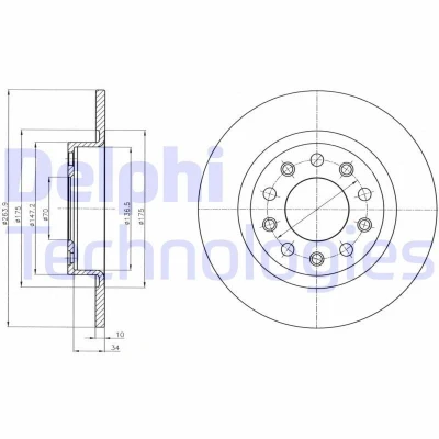 Bild av DELPHI BG4315 Disque de frein 264 10 5 plein huilé non traité sans roulement roue, bague ABS ALFA ROMEO: Giulietta portes, Van