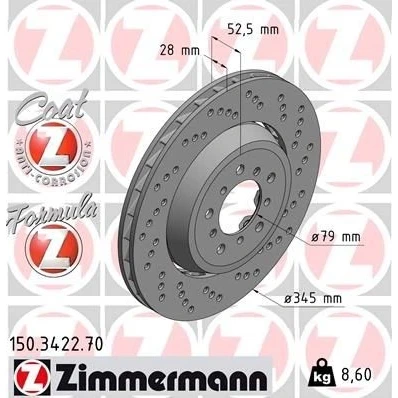 Bild av ZIMMERMANN FORMULA Z COAT 150.3422.70 disque de frein 345 28 10/5 5 120 ventilé, troué, en deux parties revêtu allié/carbonisé
