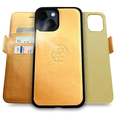 Bild av Dreem Fibonacci iPhone 13 plånboksfodral / 2 i 1 stötsäkert fodral och avtagbart foliofodral veganläder, MagSafe kompatibelt, RFID skydd [Guld]