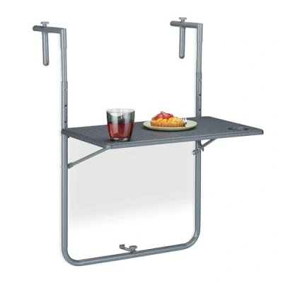 Bild av Relaxdays Fällbart balkonghängbord, B x D: 59,5 60 cm, höjdjusterbart i 3 lägen, 2 mugghållare, räckes bord, grått