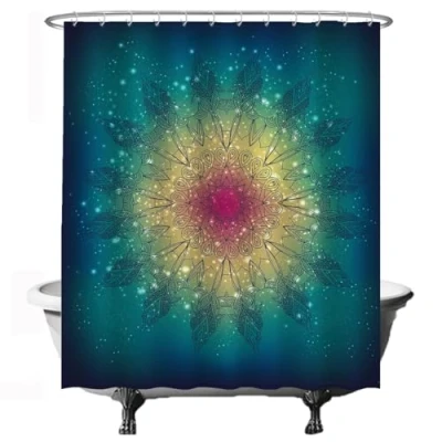 Bild av Ulticool Duschdraperi med mandala, bohemiskt, guld, grön, rosa, 180 x 200 cm, antimögel, tvättbart, vattentätt, 12 ringar