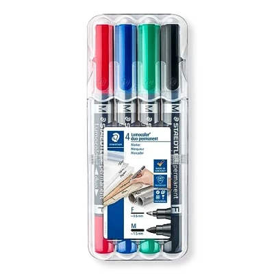 Bild av Staedtler Lumocolor duo 348 WP4 permanent marker, 4 Stück in aufstellbarer Box, Schwarz, Blau, Grün, Rot, 1 Packung