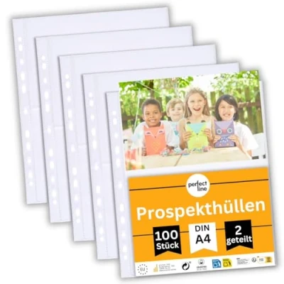Bild av perfect line 100 plastfickor, 2 delade, glasklara, plastmapp A4 transparent, visningsficka med fack (liggande A5), färglöst, klart material, öppning upptill, för vykort, foton, dokument