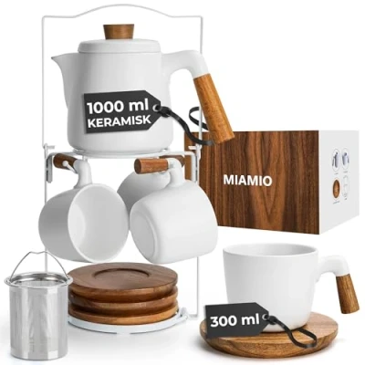 Bild av MIAMIO 1000 ml Keramisk Tekanna Set med Infuser och Koppar/Tesil, 4 Keramiska Temuggar (300 ml), Ställ, Bambusfat/Handtag för Hem Kontor (Biały)