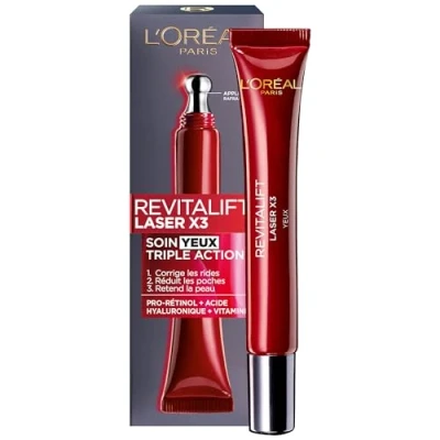 Bild av L&#039;Oréal Paris Ögonvård Triple Action Anti Aging Wrinkle och Multi Correction med hyaluronsyra Pro Xylane för alla hudtyper Revitalift Laser X3, parfymfri, 15 ml