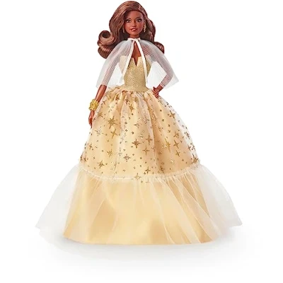 Bild av 2023 Holiday Barbie docka, högtidlig samlarpresent, Signature, guldklänning och utställningsbar förpackning, mörkbrunt hår HJX05