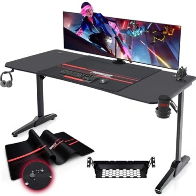 Bild av Devoko Gaiming bord, 140 cm, gamingskrivbord, gamer, datorbord, ergonomiskt PC skrivbord med kabelförvaringslåda, mugghållare och hörlurshållare, T format (svart, x 60 75 cm)