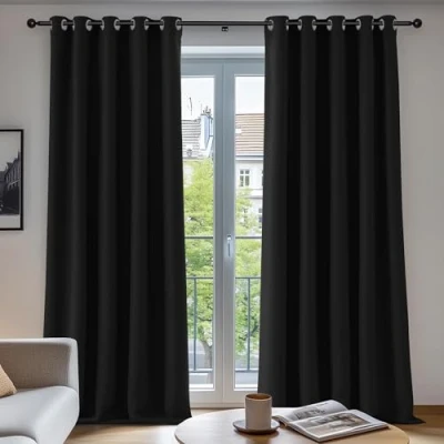 Bild av Deconovo Gardiner, ogenomskinliga mörkläggningsgardiner med öljetter, termogardin köldskydd, 229 x 168 cm (längd bredd), svart, set om 2