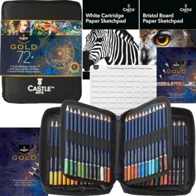 Bild av Castle Art Supplies Gold Standard 72 färgpennor set med extra oljebaserade färgade kärnor håller sig skarpare, tuffare mot brott För vuxna konstnärer, färgrister i blixtlåsfodral