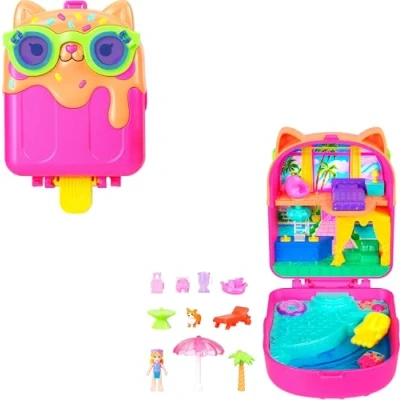 Bild av Polly Pocket dockor och lekset, Kitty Popsicle Resort lekväska, reseleksak med 1 mikrodocka, hundvalp tematillbehör, JCB17