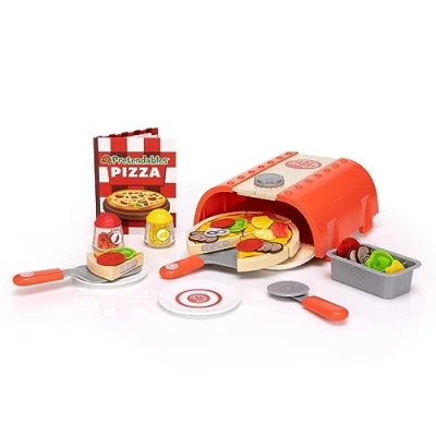 Bild av Fat Brain Toys Pretendables Pizza Ugnsset Låtsaslekkök med ugn, skala, pizzaskärningar, toppings och andra barnkökstillbehör lek mat inlärningsleksaker barnleksaker för +3 åringar