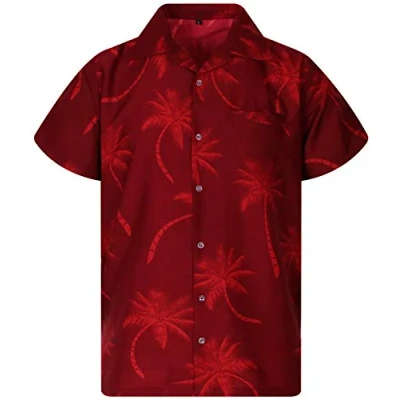 Bild av King Kameha Funky Hawaii skjorta för män, kortärmad, frontficka, tryck, palmskuggutseende, Rödbrun röd, L