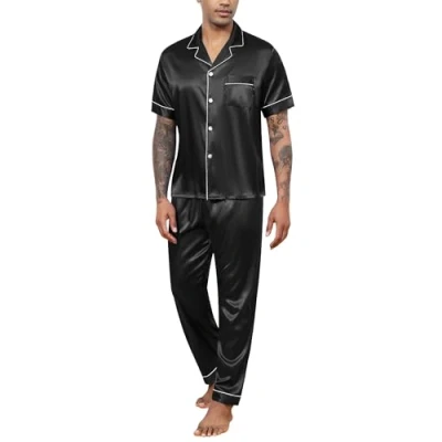 Bild av Reliwel Herrpyjamas, satinpyjamas, män, kort topp med knappslå och långa byxor, tvådelat nattkläder, hemmakläder, sovkläder, loungewear, svart, M