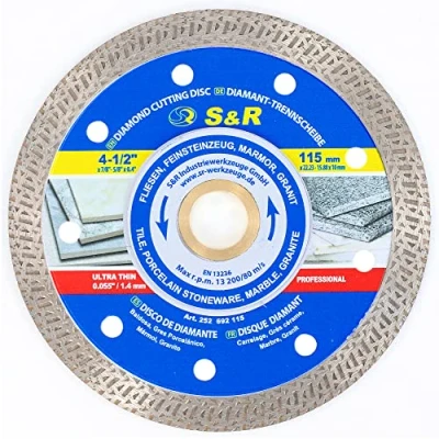 Bild av S&amp;R Diamantkapskiva i proffskvalitet 115 mm / 7&quot;, supertunn skärkant 1,5 mm, 115x1,2x10x22,2/20/15,88 skivavsnitt för kakel, porslin, marmor, granit.