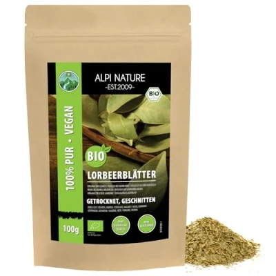 Bild av ekologiska lagerblad torkade (100 g), skurna lagerblad, laurblad från kontrollerad biologisk odling, 100 % rena och naturliga