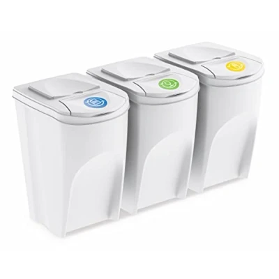 Bild av Spetebo Sortibox soptunna med lock 35 l set om 3/vit stapelbar sopseparationssystem avfallsorterare separator system separationskorgar stapelbara klaff