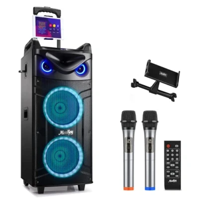 Bild av Moukey karaoke maskin, stor anläggning med 2 x 26 cm woofer &amp; 8 tweeter mikrofoner, uppladdningsbar Bluetooth högtalare ljuseffekt surfplattehållare TWS/Rec/AUX/USB/TF/FM för fest