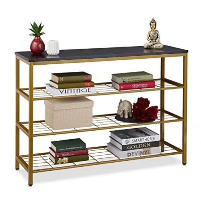 Bild av Relaxdays Konsolbord, marmorutseende, H x B D 70 101 30 cm, metall, MDF, smal konsolhall, 4 hyllor, guld/svart