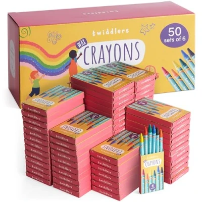 Bild av THE TWIDDLERS 50 lådor med vaxkritor för barn, 6 kritor per låda, 300 totalt blandade färger, perfekta mini kritpaket festpåsar, skolklassrum, konst och hantverk, restauranger