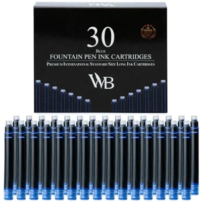 Bild av Wordsworth &amp; Black reservoarpenna bläckpåfyllningar set med 30 blå bläckpatroner internationell standardstorlek längd APPR 5 cm basdiameter 0,6 engångs och generisk