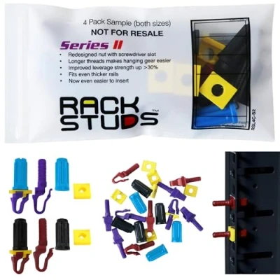 Bild av Rackstuds 4C rackmonteringslösning II snabbpassande burmutter och skruvbyte för serverrackskenor, 4 av varje storlek/färg, perfekt 49 cm fyrkantiga stansade vertikala skenor
