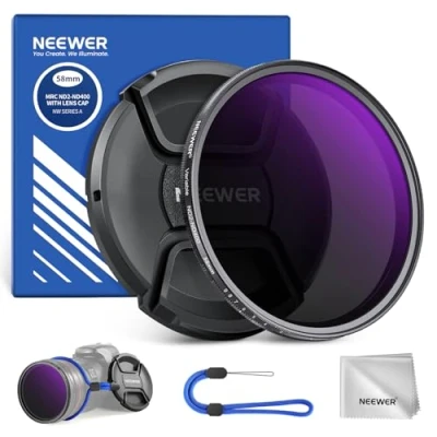 Bild av Neewer 58 mm ND2 400 (1 9 stopp) variabelt ND filter med linslock, snodd, rengöringsduk, exakt neutral densitetsjustering, fingeravtryck och repbeständigt flerbelagt optiskt glas