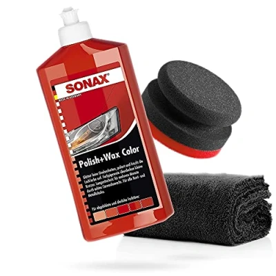 Bild av detailmate SONAX Handpoleringsset Polish + vaxfärg röd 500 ml handpoleringssvamp Puck i kompositstruktur hård Ø 90/50 mm Edgeless superfluffig mikrofiber poleringsduk 550 GSM
