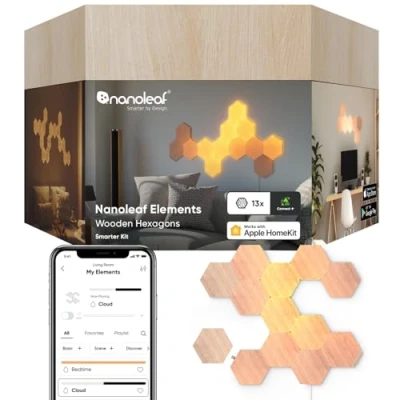 Bild av Nanoleaf Elements Hexagon Starter Kit, 13 Wood Look LED Smart Light Panels Dimmable &amp; Modular Wi Fi Wall Mood Lights, Works with Alexa Google Assistant Apple Homekit, for House Room Decor or Desk