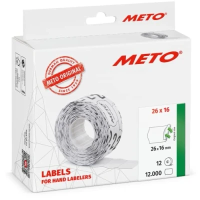 Bild av Meto etiketter för handetiketteringsmaskin (26x16 mm, 2 rader, 12 000 stycken, vit, avtagbar, METO, Contact, Sato, Avery, Tovel, Samark etc.)