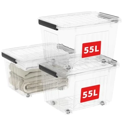 Bild av Cetomo C5038 stapelbar förvaringslåda, genomskinliga behållare med lock plast (polypropylen) transparent 55,5 x 40,5 36 cm, 55 l, set om 3