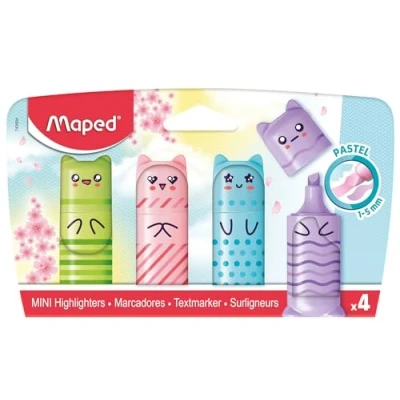 Bild av Maped 4 PASTEL minimarkeringspennor små originella figurformade fickmarkeringspennor färger: Grön, Blå, Rosa och Lila