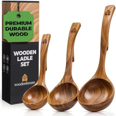 Bild av WOODENHOUSE LIFELONG QUALITY Träslev sked set, 3 storlekar teakträ kök serveringssked med ryggkrokar för kruka och skål, non stick träsked set matlagning, servering omrörning