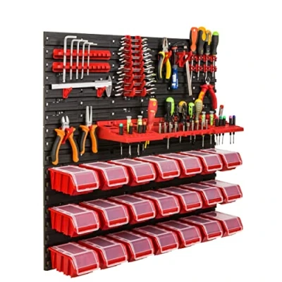 Bild av Lagersystem verkstadshylla 78 x cm 21 st. Box Vägghylla med verktygshållare och stapelbara lådor väggplattor extra stark bulkhylla, vertygshålvägg, förvaringshylla, garage, hylla (8)