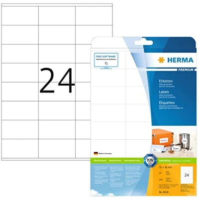 Bild av HERMA 8638 adressetiketter A4 (70 x 36 mm, 10 ark, papper, matt) självhäftande, utskrivbara, permanenta universella etiketter, 240 klistermärken, vit