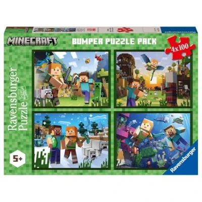 Bild av Ravensburger Minecraft Puzzle Collection 4x100 Bumper Pack, 4 pussel i 100 bitar, för barn, rekommenderad ålder 5+ år