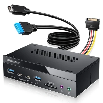 Bild av GRAUGEAR 8 gränssnitt [10 Gbit/s] frontpanel i 5,25 tum med 2 x USB C och A 3.2 Gen2 10 Gbps, SD microSD kortläsare, ljud I/O, mikrofon, hörlursportar
