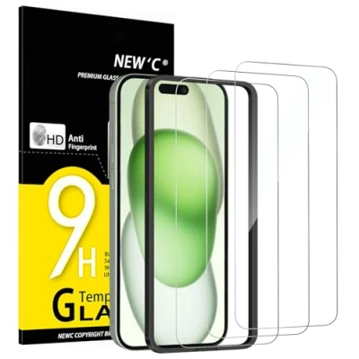 Bild av NEW&#039;C 3 Pack, skärmskydd i glas för iPhone 16 Plus,15 Plus (6,7 tum), bubbelfri, 9H hårdhet, 0,33 mm ultratransparent, ultrabeständigt härdat glas,Enkel installationsverktyg inkluderat