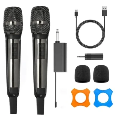 Bild av HUACAM Trådlösa mikrofoner, UHF metall svart uppladdningsbar trådlös mikrofon, med 6,35 mm (1/4 tum) och 3,5 (1/8 mottagare för karaoke, sång, tal, kyrkor, möten, bröllop (svart)