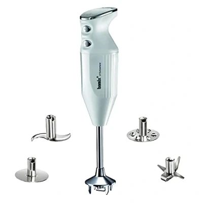 Bild av bamix stavmixer set M350 MAXX inkl. multifunktionskniv, Kött och grönsakskniv, Visp, Slagskiva av rostfritt stål, 350 watt, 2 hastigheter, Made in Switzerland, Vit/krom