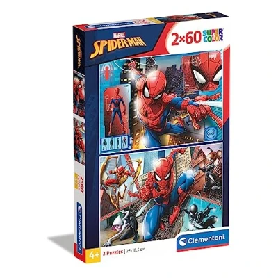 Bild av Clementoni 21608 Supercolor Spiderman pussel 2 x 60 delar från 5 år, färgglatt barnpussel med speciell ljusstyrka och färgintensitet, skicklighetsspel för barn