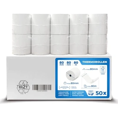 Bild av Termiska rullar 80 mm x 12 termiskt papper (80 12) 48 g certifierad för kassaskrivare som Epson, IBM, Metapace etc. Premium BPA fri