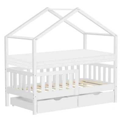 Bild av ML Design barnsäng hussäng 70x140 cm vitfärgad med madrass, träsäng 2 lådor, fallskydd ribbotten och tak leksäng av furu för barn Montessori golvsäng sängram lekfullt husbädd junior säng barnrum